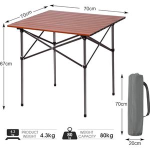 Opvouwbare aluminium campingtafel vierkante tafel oprolbare top 4 personen compacte tuintafel met draagtas voor picknick kamp achtertuin barbecue, bruin