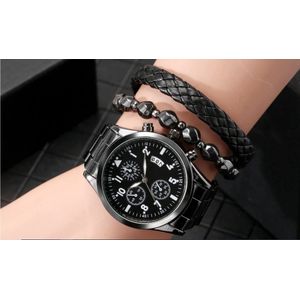 Fiory Horloge/Armband set | Keller & Weber| 1 horloge stalen band| 1 leren gevlochten armband zwart | 1 kralenarmband |