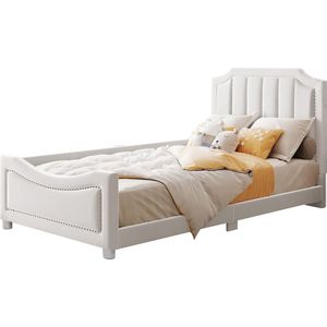 Merax Gestoffeerd Kinderbed 90x200 cm - Flanellen Slaapbank met Hoofdbord - Fluweel Multifunctioneel Bed - Beige