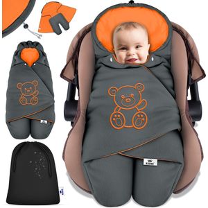 KIDIZ® Baby Slaapzak voor Buggy Voetenzak voor Autostoeltje & Wandelwagen Babyschaal, voor Winter met Kap + Babyslaapzak Deken voor Maxi-Cosi & Kinderwagen alle Gordelsystemen 3 & 5-Puntsgordel - Antraciet / Oranje