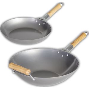 Cookinglife Wokpan & Koekenpan Voccelli - Plaatstaal - ø 35 cm & ø 28 cm - Zonder anti-aanbaklaag