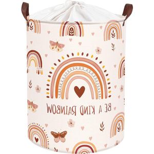 Boho regenboog roze kinderwasmand voor meisjes 63L - Grote kleding speelgoed opbergmand met deksel voor kinderkamer 40 x 50 cm