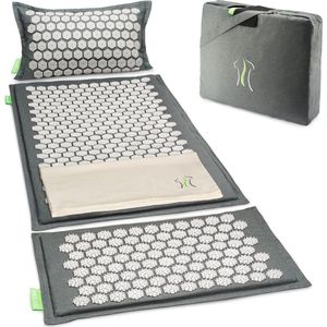 Acupressuurmat XL grijs met kussen en tas - voor nek en schouder massage - acupunctuurmat met stekels massage matras