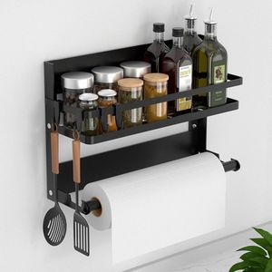 Muurkruidenrek met keukenrolhouder - 4 haken - roestvrij staal - hangend wandrek - keuken en badkamer organizer - zwart kruidenrek ophangbaar