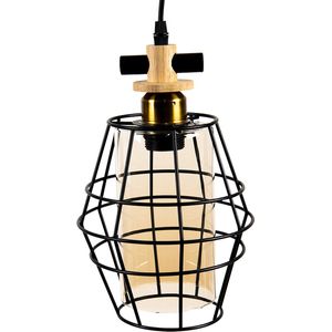 HAES DECO - Hanglamp - Industrial - Moderne Industriele Lamp, formaat 18x18x31 cm - Zwart Metaal en Glas - Hanglamp Eettafel, Hanglamp Eetkamer