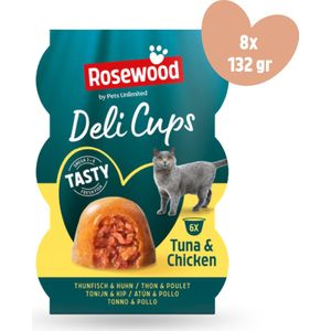 Rosewood by Pets Unlimited - Deli Cups Tonijn en Kip - kattensnacks - 8 doosjes à 6 cups van 22 gr