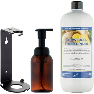 Zeepdispenser 300 ml amber bruin hervulbaar + 1 liter Showergel Fresh Ginger navulling (inclusief beugel)