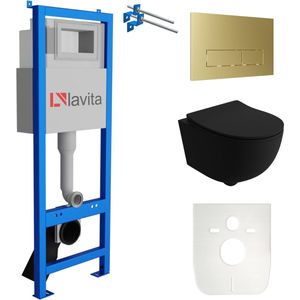 LAVITA® Inbouwreservoir Complete Toiletset LAV 101 - Inbouw WC Hangtoilet Wandcloset BRAVA BLACK Zwart Mat - Bedieningsplaat 200.3.5 Gouden - Voorwandelement voor toilet 40cm - Installatiesysteem