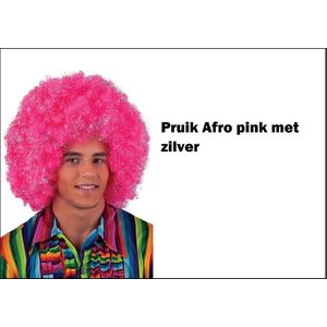 Afro pruik luxe pink met zilver - Carnaval thema feest optocht