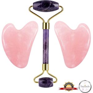Demiracle® Face Roller & Gua Sha Schrapers – 2 stuks – Amethist – Rose Quartz – Face Rollers – Gezichtsmassage – Massagetools – Massage - Ontspanning – Kwaliteit