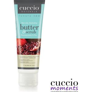 Cuccio Tube Butter & Scrub 113 gr Pomegranate & Fig -Suikerscrub op basis van bodybutter verwijdert dode huidcellen- 24 uur hydraterend - scrub gemengd met bodylotion  - intens hydraterend -Ideaal voor jouw eigen Moederdag Spa – Ritueel @ Home.