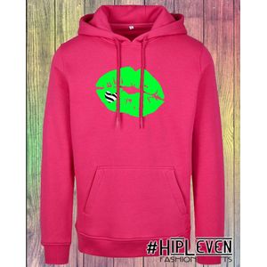 Hoodie trui Fuchsia roze met print: Kiss groen zebra| Maat L