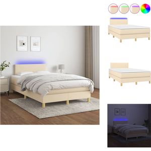 vidaXL Bed LED 120x200 cm - Crème Stof - Hoogte verstelbaar hoofdbord - Pocketvering matras - Huidvriendelijk topmatras - Kleurrijke LED-verlichting - Bed
