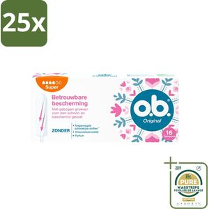 25 x o.b. Tampons - Original Super - Gebogen Groeven - Voor Betrouwbare Bescherming - 16 Tampons - Grootverpakking - Tampons - Menstruatiebescherming - Gebogen Groeven - Super Absorptie - StayDry