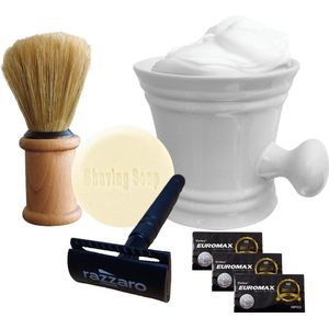 The Shave Factory Scheerset Wit | Safety Razor | 3 Pakjes Euromax Scheermesjes | Scheerborstel | Shaving Mug | Shaving Soap