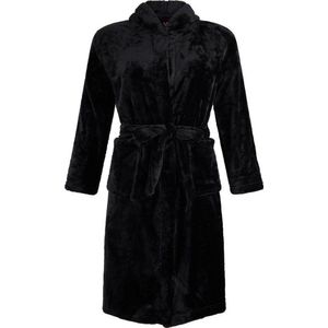 Kinderbadjas fleece - capuchon badjas kind - zwart - ochtendjas flanel fleece - maat XXL (134/140)