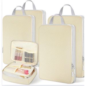 Koffer-organizerset, 5-delig, compressiepakkubussen voor reizen, Compression Packing Cubes, paktassen, kledingtassen voor koffer, reisorganizer, beige