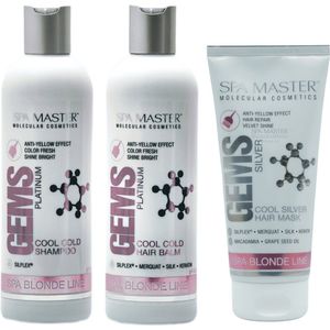 Spa Master Gems No Yellow Zilver Set Shampoo + Haarbalsem + Haarmasker - Voordeelverpakking voor Grijs, Blond & Gebleekt Haar - Neutraliseert Gele Tinten - 860ml