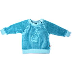 MXM Baby trui- Blauw- velours- Sweater- Katoen- Borduursel- Haas- Turquoise- Maat 74