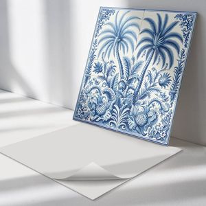 Wallfluent Vinyl Wandpaneel - Tropisch plantenpatroon Zelfklevend Wandpaneel - 50 cm x 50 cm - Blauw PVC wandpaneel - Set van 4 - Vierkant Wandbekleding Vinyl - Bloemen en planten Wandpaneel - PVC Muurpaneel - Wandpaneel Keuken en Badkamer