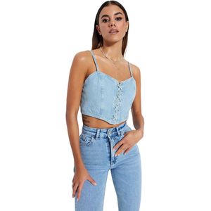 Trendyol Witte Bird Eye Tie Detail Sweetheart Neck Getailleerd Crop Denim Bustier Twoss23Bs00010