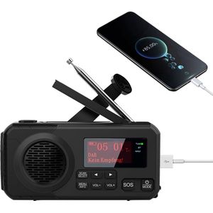 Draagbare Noodradio - DAB+/ FM - Zonnepaneel - Bluetooth - 5200mAh - Powerbank - Automatisch Zenders Zoeken - Zwengel - Kampeer-Radio - Solar - Zwart