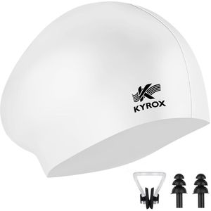 Kyrox Siliconen Badmuts - Unisex - Inclusief Zwem Oordopjes & Neusklem - Badmutsen voor Dames & Heren - Waterdicht en Elastisch - Swimming Cap - Wit