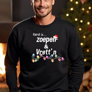 Unisex kersttrui- Kerst is Zoepen & vrett'n- Maat L- Zwart-Foute kersttrui.