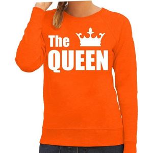 The queen sweater / trui oranje met witte letters en kroon voor dames - Koningsdag - fun tekst truien / Hollandse sweaters XS