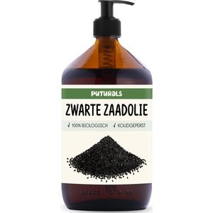 Puturals Black Seed Oil 100% Biologisch - 1000ml - Koudgeperst, Puur & Foodgrade - Zwarte Zaad Olie als Haarolie en Huidolie - Rijk aan Essentiële Vetzuren en Vitamines - Olie van Zwarte Komijn - Bruine Glazen Fles + Pomp
