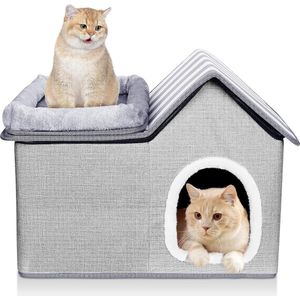 Kattenhuis voor buiten, winterbestendig, waterdicht, met wasbaar kussen en platform, warm kattenbed voor katten en kittens, grijs