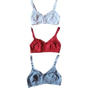 Dames - BH - Set van 3 - Zonder Beugel - Kleur Rood/Wit/Grijs - Met verstelbare bandjes - Met kant - 85C