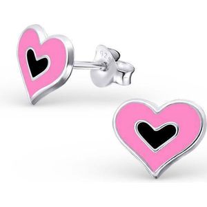 Aramat jewels ® - Kinder oorbellen hartje 925 zilver licht roze zwart 9mm x 8mm