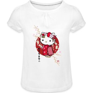 Hello Kitty In Een Rode Kimono En Kersenbloesems Meisjes T-Shirt Met Plooien