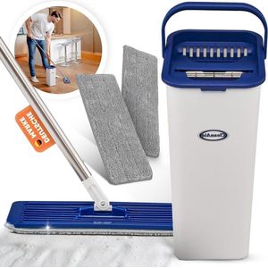 CleanAid Formosa 2 vloerdweil - 360° platte compacte 2-kamer dweilemmer - extra lang handvat - 155 cm - 2 microvezel-dweilhoezen - gladde oppervlakken mop and bucket set