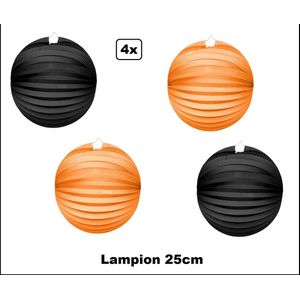 4x Lampion Oranje/zwart 25cm - festival thema feest verjaardag party papier BBQ strand licht fun