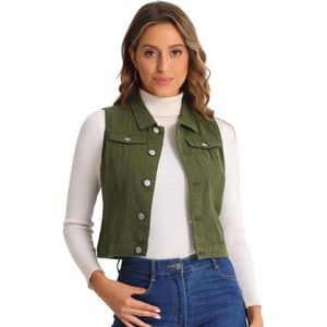 Mouwloos Dames Jeansvest met Knoopsluiting en Zakken in Legergroen - Maat L, Denim Rever Jas Vest