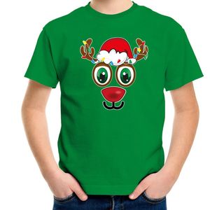 Bellatio Decorations kerst t-shirt voor kinderen - Rudolf gezicht - rendier - groen - Kerstdiner 104/110
