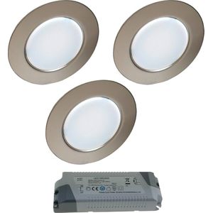 Trango Set van 3 G4E-038T LED Meubel Inbouwspots 12Volt AC/DC incl. 1 x LED transformator (12 Volt - 2000mAh) Kast inbouwspot in chroomlook, plafondlamp ter vervanging G4 Halogeen Meubelverlichting, Afzuigkap Verlichting