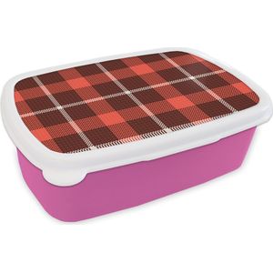 Broodtrommel Roze - Lunchbox - Brooddoos - Schotse ruit - Plaid - Rood - Patronen - 18x12x6 cm - Kinderen - Meisje