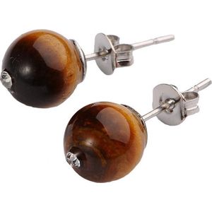 Edelstenen oorbellen Bling Tiger Eye - oorknopje - bruin - tijgeroog - stras steentje