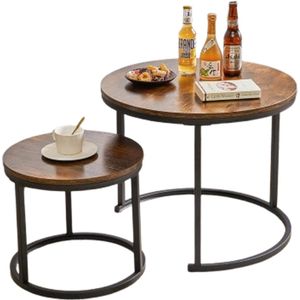Retadou - Salontafelset rond, bijzettafel in 2 maten, 2-delige woonkamertafel, koffietafelset, eenvoudige montage, industrieel design, vintage bruin-zwart