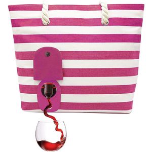 Portovino® Strandtas Roze Gestreepte - Zeilhanddoek met Verborgen, Geïsoleerde Wijncompartiment - Houd Maximaal 2 Wijnflessen! Perfect voor Reizen, Concerten, Feesten en Vrijgezellenkantoren!