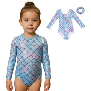 Joya Kids® Turnpakje Meisjes met Lange Mouwen Mermaid Schubben met Scrunchie | Licht Blauw en Lila met Glitters en Strass Steentjes Ballet pakje | Gymnastiekpakje | Turnen | Turn Pakje | Maat 140