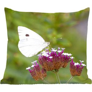 Sierkussens - Kussen - Koolwitje vlinder op kleine paarse bloemen - 45x45 cm - Kussen van katoen