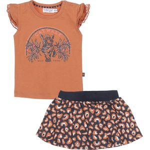 Dirkje - Kledingset(2delig) - Rok blauw met bruin wit - Shirt bruin met print - Maat 98