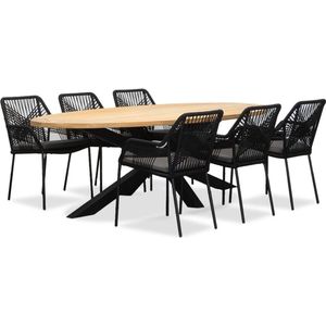 LUX outdoor living Cleve/Seville zwart dining tuinset 7-delig | teakhout + touw | 240cm ovaal | 6 personen