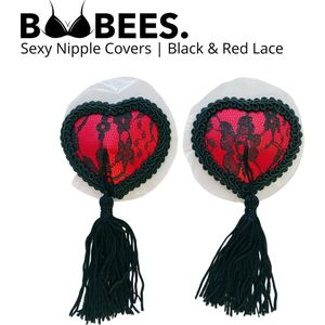 BOOBEES Erotische Tepelstickers - Nipple Covers - Borst Sieraad Accessoire - Rood - Zwart Kant - Tepelkwastjes