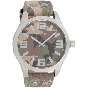 OOZOO Timepieces - Zilverkleurige horloge met camouflage leren band - C1066