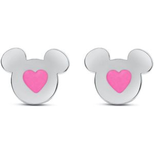 Disney 4-DIS049 Mickey Mouse Oorbellen - Mickey Oorknopjes - Disney Sieraden - 7,2x7,7mm - Roze Hartje - Staal - Hypoallergeen - Zilverkleurig